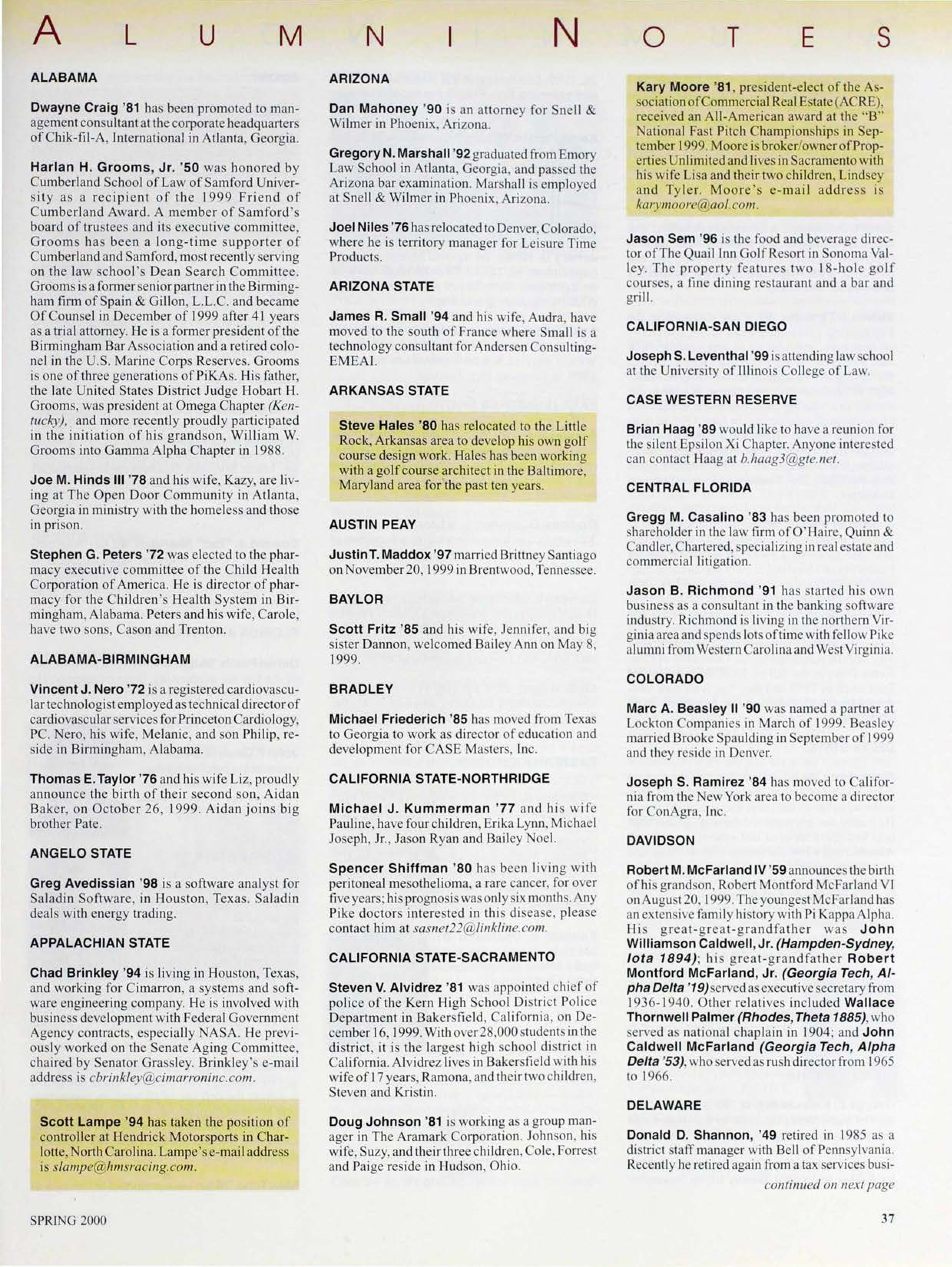 Alumni Notes, Spring 2000